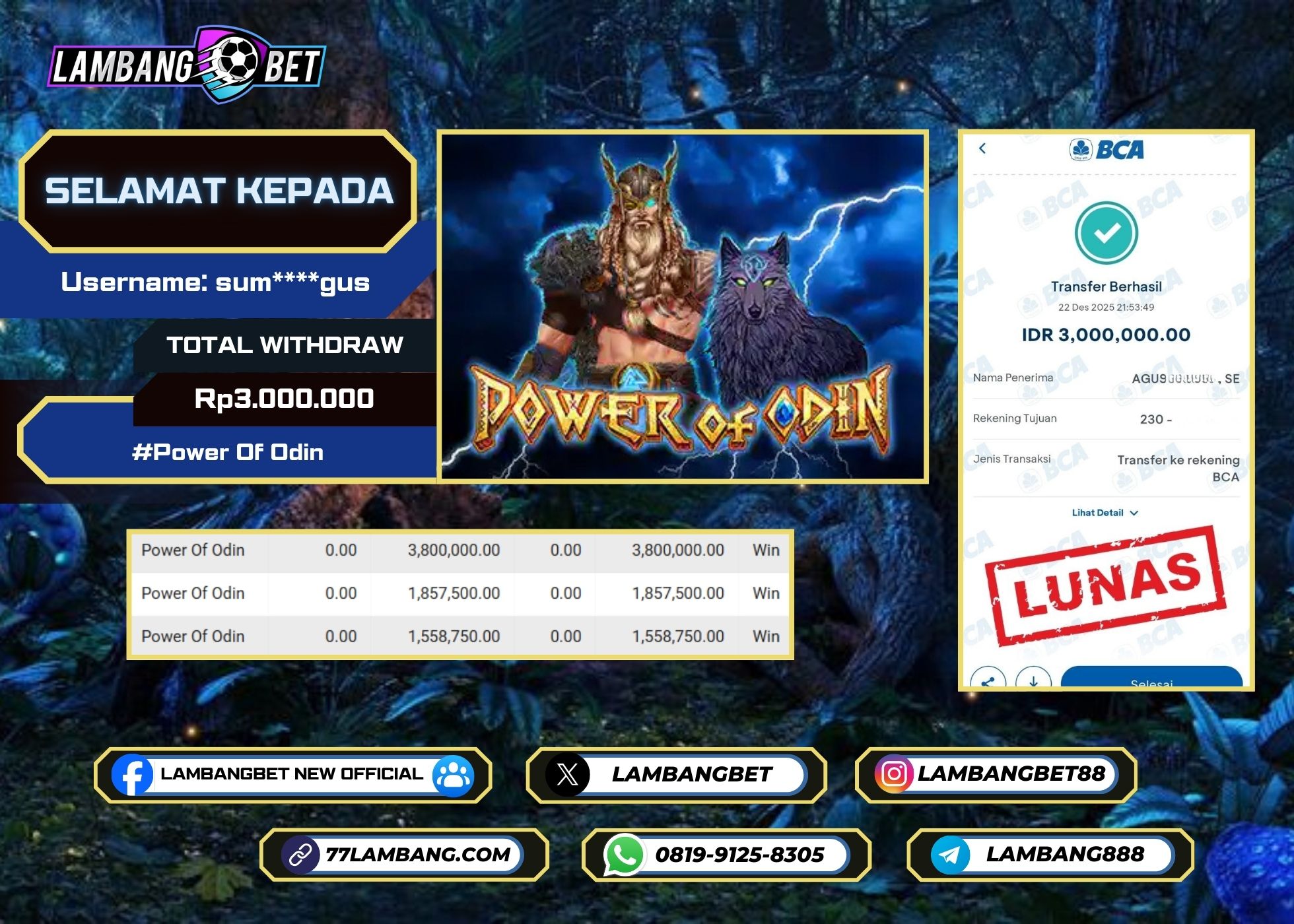 LAMBANGBET [22 DESEMBER 2025] JACKPOT SLOT Power Of Odin "Rp3.000.000" LUNAS
